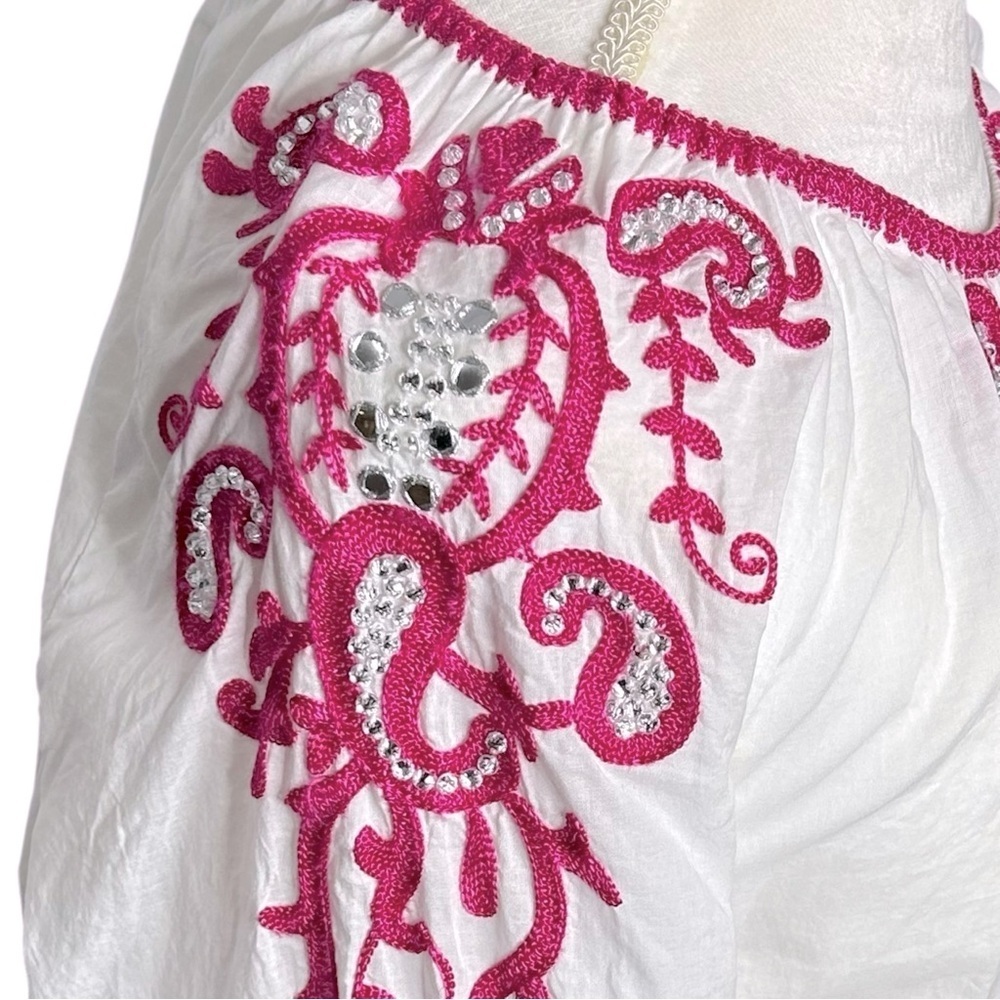 CHICO'S Anelle Blouse 3/4 sleeves Embroidered Embellished White Fuchsia Like new - Picture 11 of 16